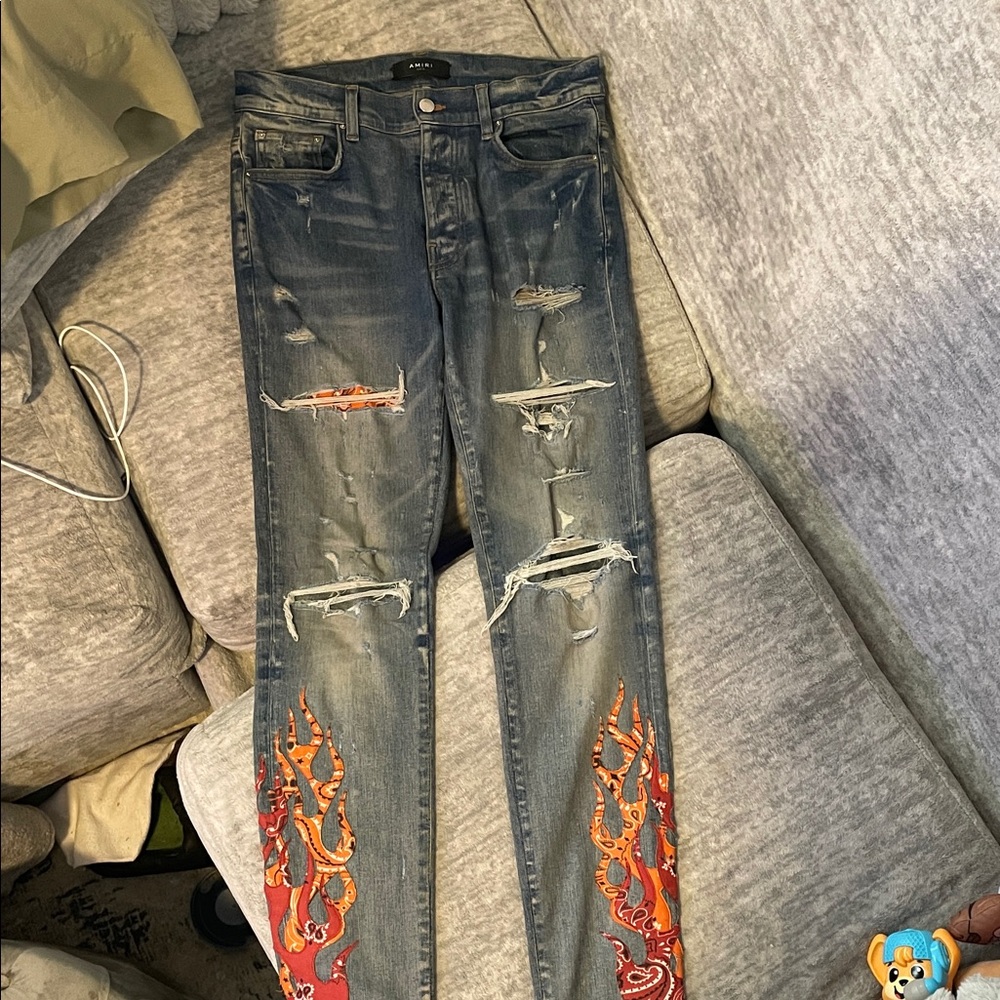AMIRI Blue Jeans with Red and Orange Flame Design